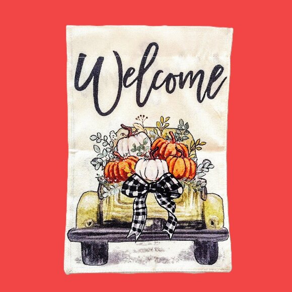 Fall Welcome Yard Garden Flag ~ Pumpkins & Pickup ~ Dbl-Sided ~ Sm. 12 x 18" NEW - Picture 1 of 10